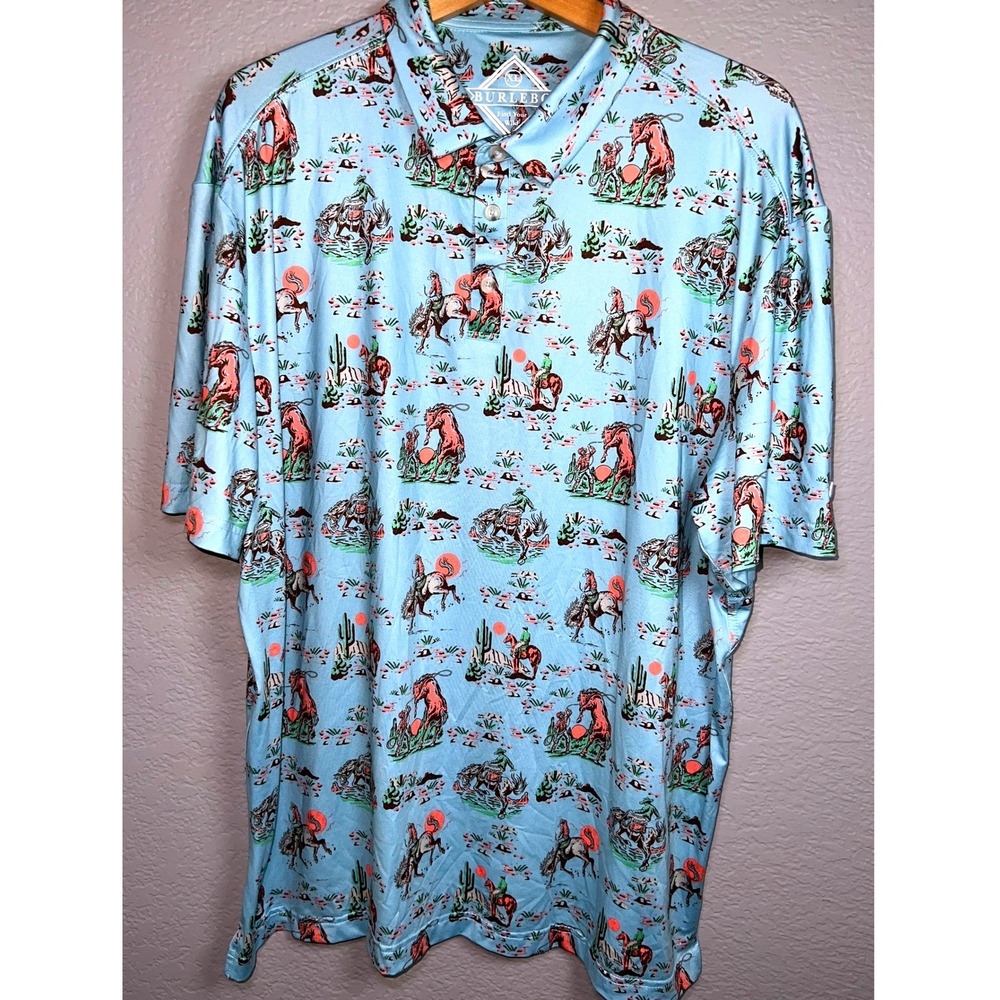 Burlebo Cowboy Up Performance Polo Mens XL Blue AOP Cowboy Bronco Print Stretch - Picture 2 of 8